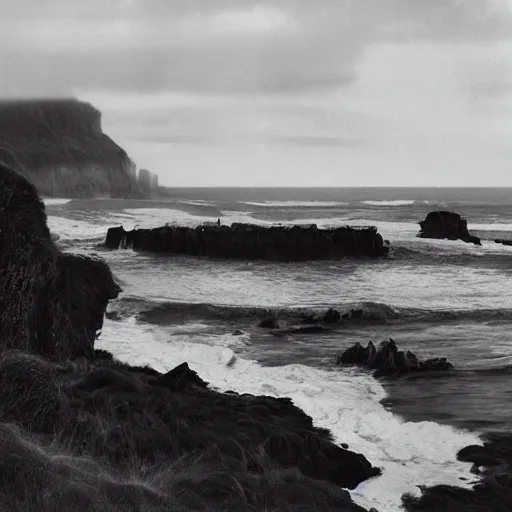 Image similar to dark and moody 1 9 7 0's artistic spaghetti western film in color, a woman in a giant billowy wide long flowing waving green dress, standing inside a green mossy irish rocky scenic landscape, crashing waves and sea foam, volumetric lighting, backlit, moody, atmospheric, fog, extremely windy, soft focus