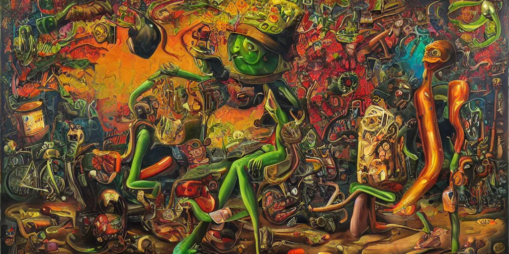 Image similar to refined oil painting lowbrow pop surreal masterpiece in the style of robert williams,