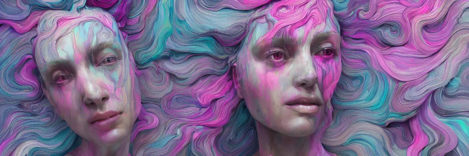 Image similar to A portrait of a very beautiful goddess with pink and grey hair radiating an artwork made of multicolored swirling paint and empasto by James Jean and WLOP , volumetric displacement by Lee Griggs, volume noise, hyperrealism, subsurface scattering, octane render, 8k, xparticles