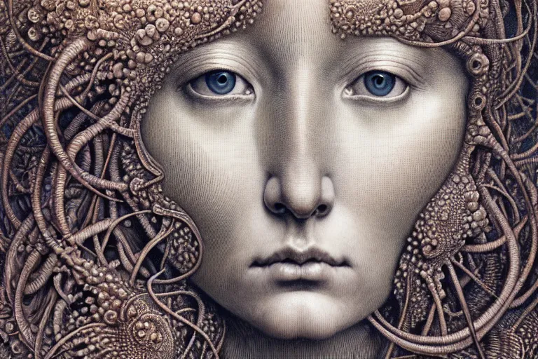 Image similar to detailed realistic beautiful moon goddess face portrait by jean delville, gustave dore, iris van herpen and marco mazzoni, art forms of nature by ernst haeckel, art nouveau, symbolist, visionary, gothic, neo - gothic, pre - raphaelite, fractal lace, intricate alien botanicals, ai biodiversity, surreality, hyperdetailed ultrasharp octane render