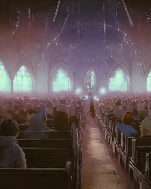 Image similar to craig mullins and ghibli digital illustration of a crowd in a futuristic church, priest, pews, ethereal, inviting, bright, unreal engine, hyper realism, realistic shading, cinematic composition, realistic render, octane render, detailed textures, photorealistic, wide shot