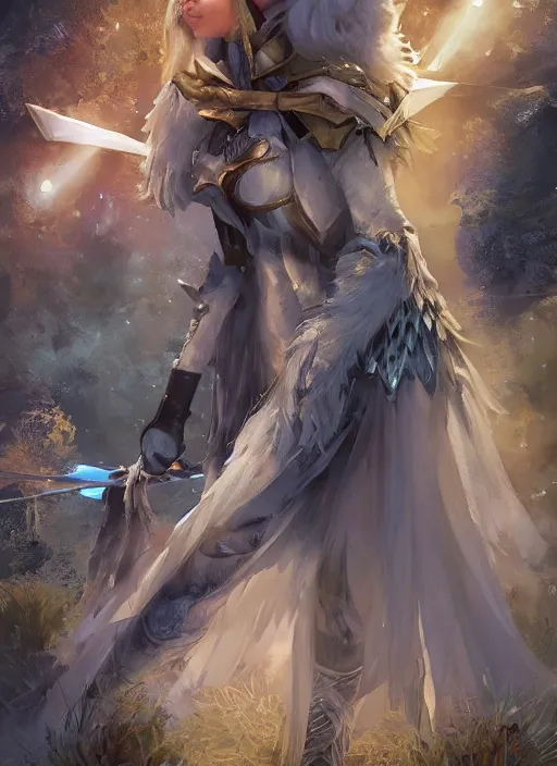 Image similar to ashe, from league of legends, shooting arrows with a silver bow, wearing fluffy bear skin, long skirt, hyper detailed, digital art, trending in artstation, cinematic lighting, studio quality, smooth render, unreal engine 5 rendered, octane rendered, art style by klimt and nixeu and ian sprigger and wlop and krenz cushart