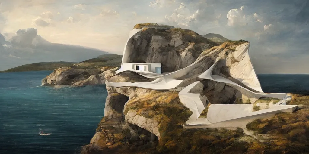 Prompt: beautiful oil matte portrait painting, modern house on top of a cliff designed by zaha hadid, wonderful masterpiece highly detailed, beautiful cinematic light deep focus, elegant, digital painting, smooth, sharp focus, golden ratio, dramatic illumination, ultra realistic, 8 k, art by artemisia lomi gentileschi and caravaggio