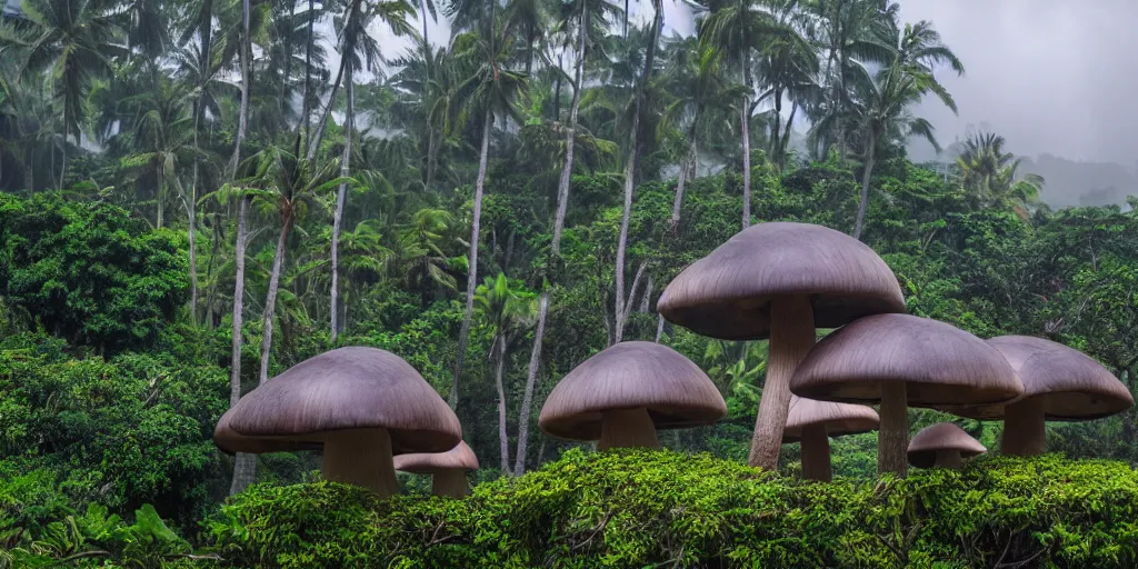 Image similar to giant bell shaped mushrooms loom over a Hawaiian villa in the middle of an tropical forest, ominous Sky, gloomy atmosphere, cinematic, mist, High definition, 8k, ultra detailed