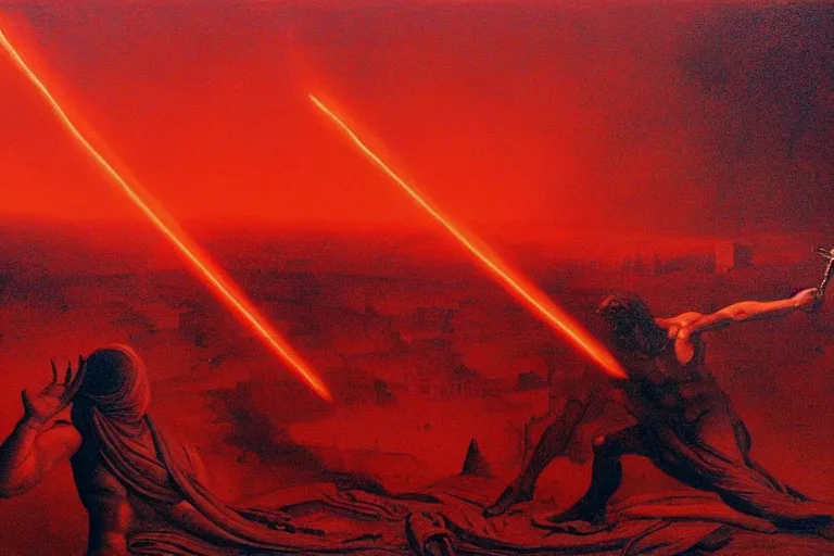 Image similar to only with red, a red melted apollo with a laurel wreath and a flaming sword announce the win, athens in the background, in the style of beksinski, part by hopper, part by rodcenko, part by hofbauer, intricate composition, red by caravaggio, insanely quality, highly detailed, masterpiece, red light, artstation