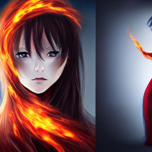 Image similar to advanced digital portrait painting photograph, a teenage anime girl wearing a dress made of fire , full body, very long black and red hair, silver eyes, full round face, intense stare, cinematic lighting, medium shot, MCU, highly detailed, trending on artstation, CSP, Photoshop, WLOP, Rossdraws, James Jean, Andrei Riabovitchev, Marc Simonetti, Anastasia Ovchinnikova and Sakimichan