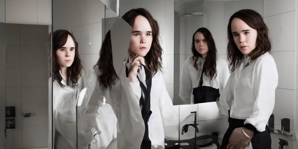 Prompt: ultra wide angle photo of ellen page dressed in a white blouse and black dress pants looks at herself in a bathroom mirror and sees her reflection as a male version of her self