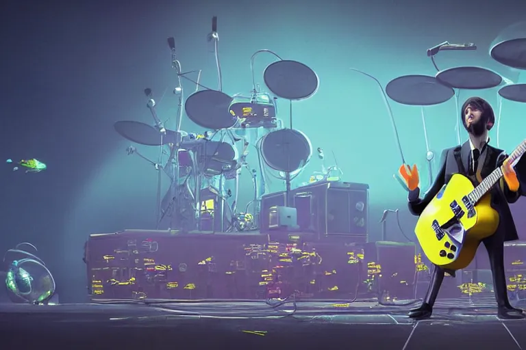 Prompt: the beatles performs with guitar on a giant yellow flying minion, sci fi, art by mike winkelmann, trending on cgsociety, retrofuturism, darksynth, sci - fi