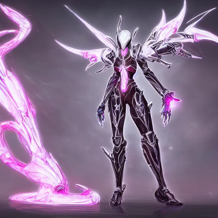 Image similar to highly detailed exquisite fanart, of a stunning beautiful female warframe, but as an anthropomorphic robot dragon, standing elegantly, shining reflective off-white plated armor, bright Fuchsia skin, sharp claws, full body shot, epic cinematic shot, realistic, professional digital art, high end digital art, DeviantArt, artstation, Furaffinity, 8k HD render, epic lighting, depth of field