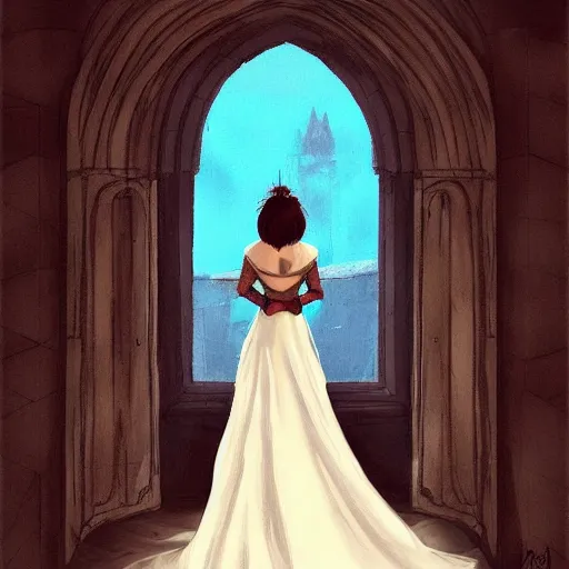 Prompt: a woman in an open dress royal dress looking out a castle window, ArtStation trending, detailed, digital art, calm colors,