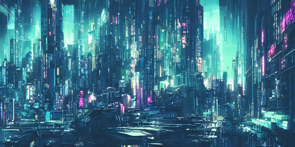 Image similar to city in the style of cyberpunk, singular gigantic building focus, space sky, anime illustration, cinematic