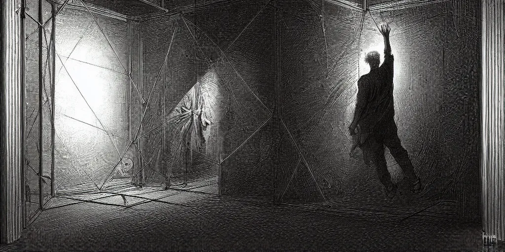 Image similar to a man trapped in a cage, interdimensional forcefield, aura, fear, detailed painting by painting by by gene wolfe, by gustave dore