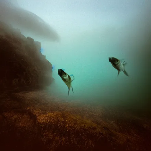 Image similar to film photography of a three headed fish swimming through cloudy fog by Kim Keever, low shutter speed, 35mm