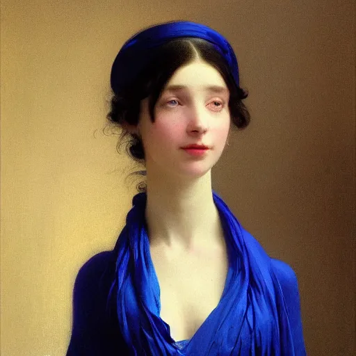Image similar to a young woman's face, her hair is white and she wears a cobalt blue satin cloak, by ivan aivazovsky and syd mead and moebius and gaston bussiere and roger dean and pieter claesz and paul delaroche and alma tadema and willem claesz and gerard ter borch, hyperrealistic, volumetric light, octane render