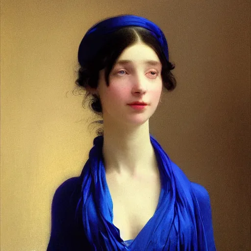 Prompt: a young woman's face, her hair is white and she wears a cobalt blue satin cloak, by ivan aivazovsky and syd mead and moebius and gaston bussiere and roger dean and pieter claesz and paul delaroche and alma tadema and willem claesz and gerard ter borch, hyperrealistic, volumetric light, octane render