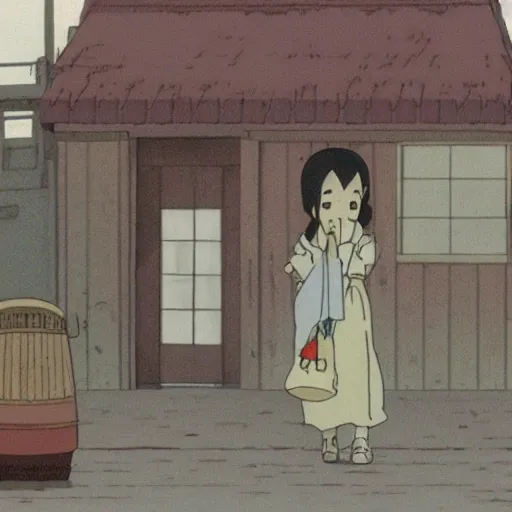 Prompt: ghost of a young girl, a burnt out town, cel shaded, studio ghibli, hayao miyazaki