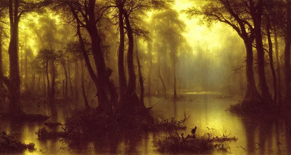 Image similar to A dense and dark enchanted forest with a swamp, by Albert Bierstadt,