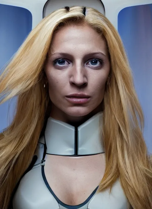 Image similar to closeup portrait of a blonde alien plejaren woman inside a spaceship wearing a space uniform, depth of field, zeiss lens, detailed, symmetrical, centered, fashion photoshoot, by annie leibovitz and steve mccurry, david lazar, jimmy nelsson, breathtaking, 8 k resolution, extremely detailed, beautiful, establishing shot, artistic, hyperrealistic, beautiful face, octane render