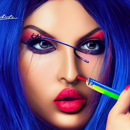 Image similar to portait of haifa wehbe, concept art, perfect lips eating lollipop, long hair centred, hd, very detailed curve, digital painting, unreal engine, amazing blue background theme