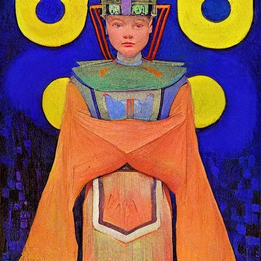 Image similar to the little robot queen in her regalia, by annie swynnerton and diego rivera and nicholas roerich, symbolist, dramatic lighting, elaborate geometric ornament, art brut, smooth, sharp focus, extremely detailed, leo and diane dillon, adolf wolfli, soft pastel colors