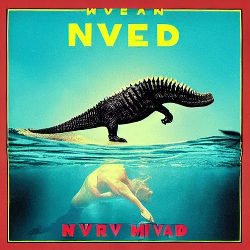 Prompt: nirvana nevermind album cover with a spinosaurus