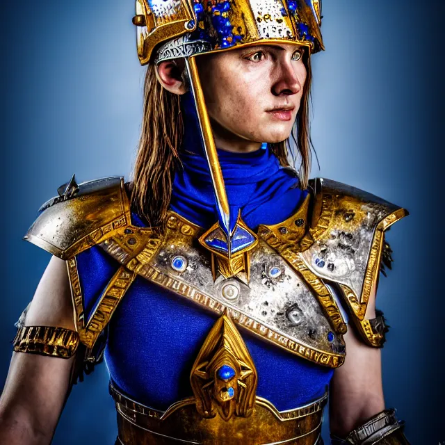 Image similar to photo of a beautiful warrior queen with lapis lazuli armour, highly detailed, 8 k, hdr, smooth, sharp focus, high resolution, award - winning photo