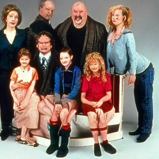 Prompt: a promotional photograph of the Flodder family of the dutch TV series Flodder (1993),