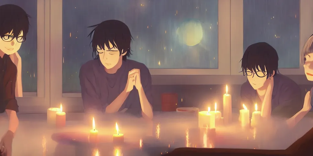 Image similar to a party at midnight, modern indoors, bay area, candles, hot tub, friendship, hope, art by makoto shinkai