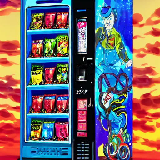 Image similar to dasnai vending machine, jojo bizarre art style, hyper realistic, detailed 4 k,