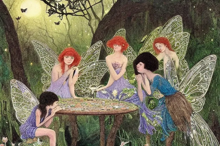 Prompt: a group of beautiful winged fairies!! playing cards!! on a table in an atmospheric moonlit forest next to a beautiful pond!! filled with water lilies!!, artwork by ida rentoul outhwaite