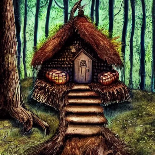 Image similar to It's a hut in the forest. It is standing on chicken legs. The only way to enter the house is to say a spell that makes it turn towards you and away from the forest. I am baba yaga, an enigmatic spirit of the forest