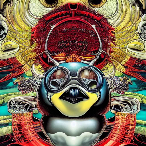 Prompt: portrait of crazy penguin, symmetrical, by yoichi hatakenaka, masamune shirow, josan gonzales and dan mumford, ayami kojima, takato yamamoto, barclay shaw, karol bak, yukito kishiro