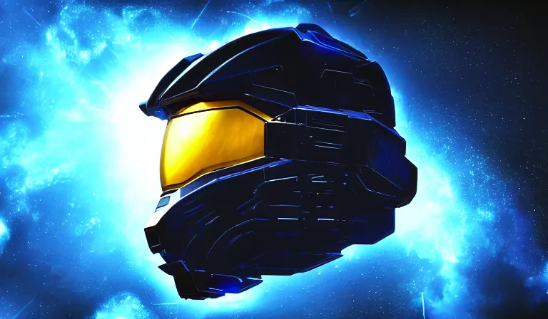 Image similar to cyberpunk halo helmet floating in space with reflections, epic, dramatic, photorealistic, award winning, 8k,