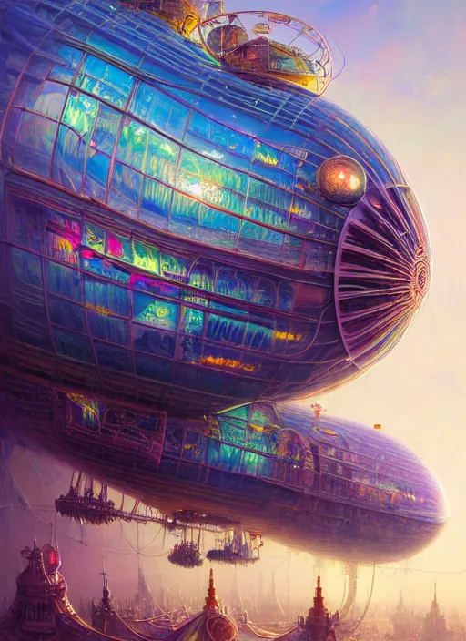 Prompt: hyper detailed ultra sharp of a colorful bubblepunk steampunk overcrowded city airship. trending on artstation, warpaint aesthetic, earthwave, colorful, psychedelic, ornate, intricate, digital painting, concept art, smooth, sharp focus, illustration, art by artgerm and greg rutkowski and h. r. giger, 8 k