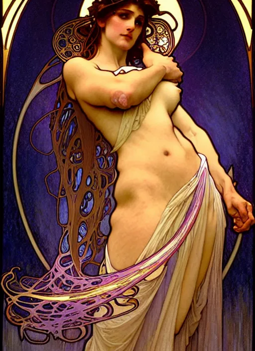 Image similar to awe-inspiring award-winning concept art nouveau painting of attractive figure called the goddess of the moonbow, by Alphonse Mucha, Michael Whelan, William Adolphe Bouguereau, John Williams Waterhouse, and Donato Giancola, fierce, extremely moody lighting, glowing light and shadow, atmospheric, shadowy, cinematic, diffuse lighting, fantasy, intricate, elegant, highly detailed, lifelike, photorealistic, digital painting, artstation, illustration, concept art, smooth, sharp focus, art by John Collier and Albert Aublet and Leonardo da vinci and Krenz Cushart and Artem Demura and Alphonse Mucha