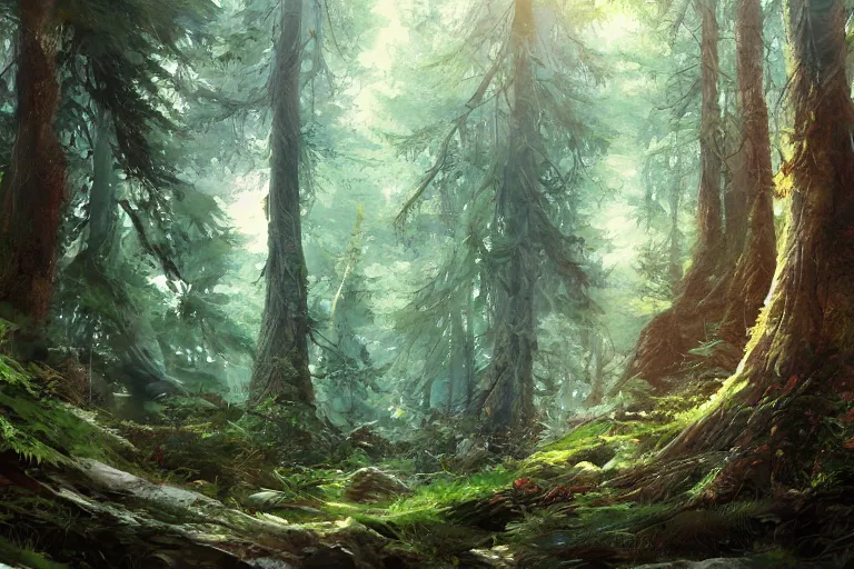 Image similar to evergreen trees in the forest, 4 k digital illustration by artgerm, wlop, andrei riabovitchev, marc simonetti, yoshitaka amano, artstation, 8 k resolution, soft focus