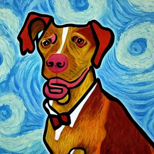 Image similar to dog in suit dancing, style of van gogh, 4k