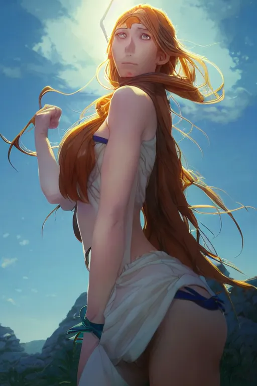 Image similar to long ginger hair, tanned woman in a prehistoric outfit, green eyes, by artgerm, hair tied in a ponytail, white backdrop, soft lighting, blue and purple colors, by greg rutkowski makoto shinkai takashi takeuchi