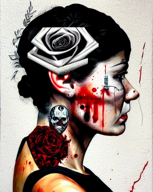 Prompt: horror with blood, rose and a pistol with sea and ocean in the background intricate details side profile by Sandra Chevrier