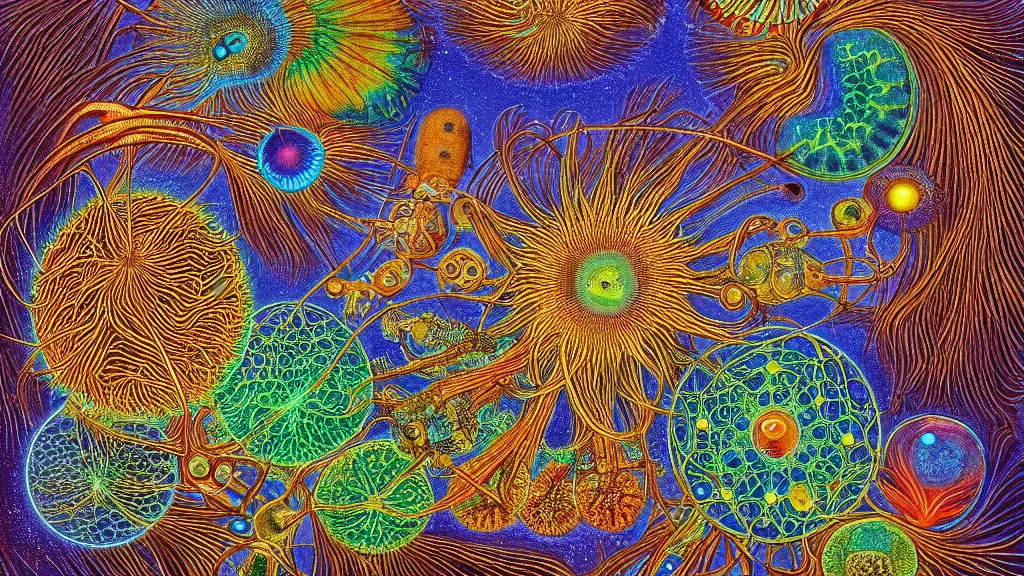 Image similar to quantum connections represented as symbiotic organisms like cells playing around with colorful lights by ernst haeckel, magnetic, chewy