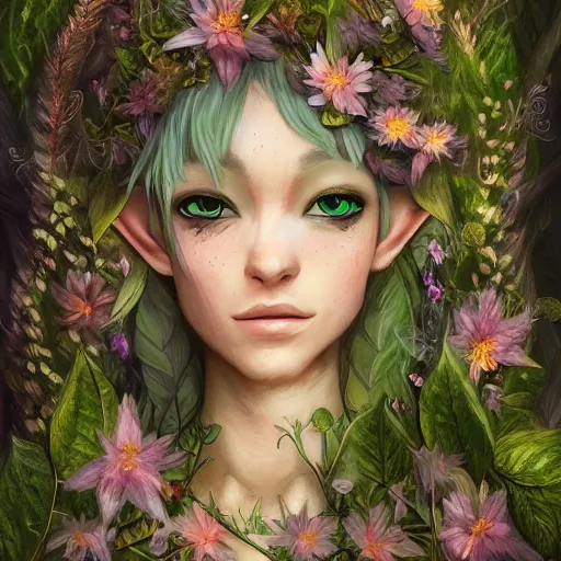 Image similar to a picture of a forest elf cloths in flowers and leaves, high fantasy, elegant, epic, detailed, intricate, digital painting, concept art, realistic, smooth, focus, rim light,