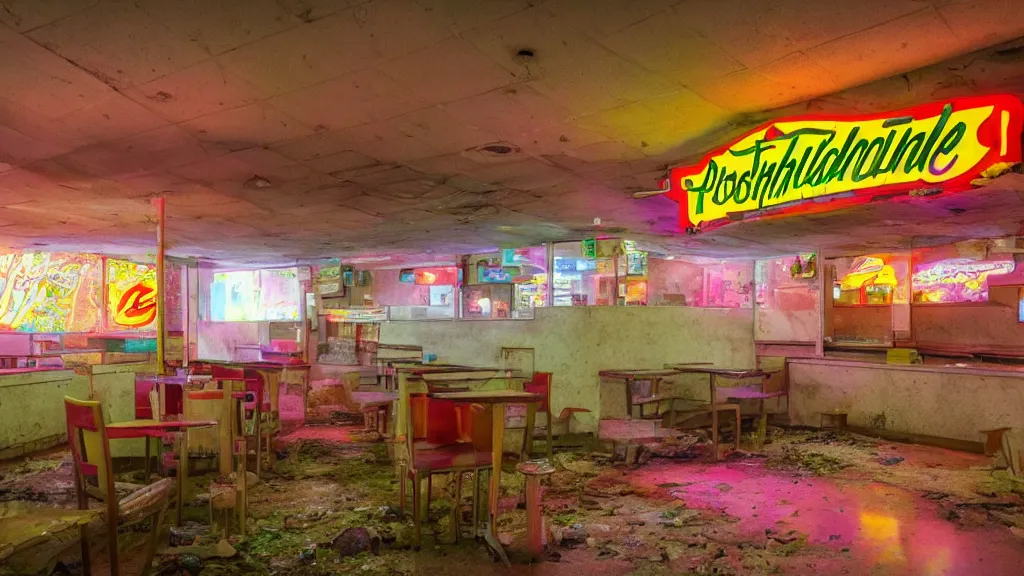 Prompt: psychedelic immaculate dogwood abandoned fastfood restaurant, postapocalypse, cinematic