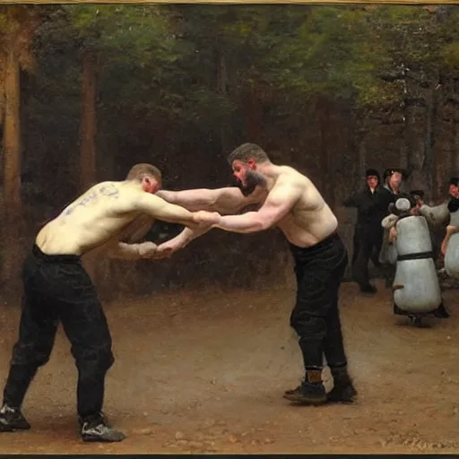 Image similar to bare knuckle boxing tournament by alfred stevens