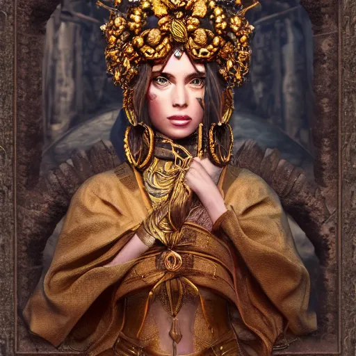 Prompt: a very detailed digital art portrait of an alchemist wearing an ornate bronze headdress standing in a sandstone ruin, 4k trending on artstation