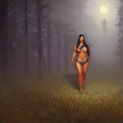 Prompt: kim kardashian as a cop wearing a police uniform, full body portrait, emotion scared, night time forest with a ufo sitting in the fog, pretty, aesthetic, dust molecules, matte detailed photo, DeviantArt, Artstation, by donato giancola, ralph horley, loish, ufo lighting