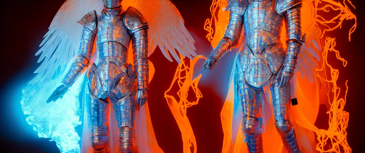 Image similar to hyperrealist highly detailed english medieval portrait of high fashion archangel wearing flame fire smoke flame armor, radiating atomic neon corals, veiny network growth with ghostly ghost translucent ghost armor, concept art pascal blanche dramatic studio lighting 8k wide angle shallow depth of field