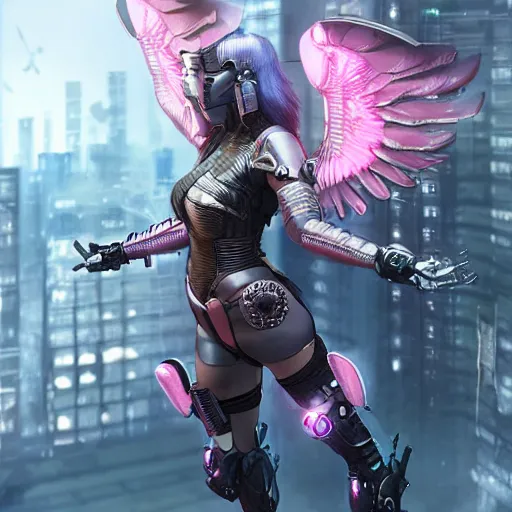 Prompt: cyberpunk valkyrie with pink metal wings, cityscape below, flying, high detail, sharp focus, silver cyber armor, rt by artgerm and greg rutkowski, artstation, unreal engine 5 render