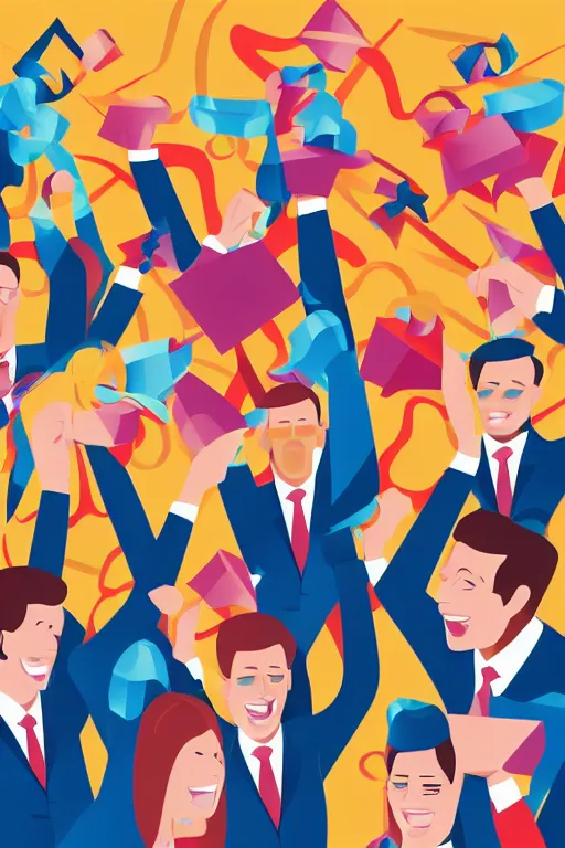 Image similar to corporate Vector illustration of business people jubilant at winning a prize, colourful, high detail, broadband.