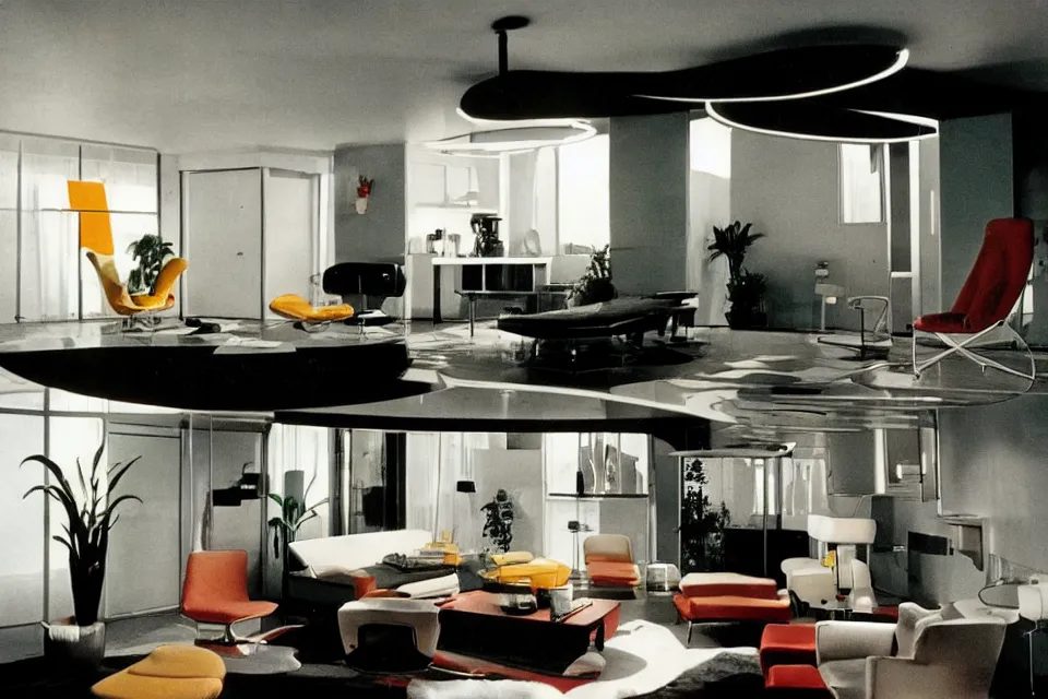 Prompt: retro futuristic apartment with lighting design by kubrick moonbase style, 7 0 s hi fi system, funky furniture, house plants, modern art