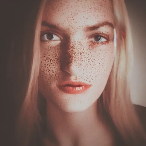Image similar to close up photo of beautiful woman face light freckles soft light polaroid
